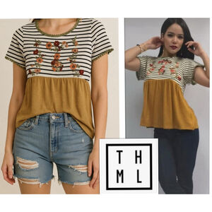 TMHL Floral Embroidered Stripe Boho Cottagecore Knit Babydoll Top size Medium